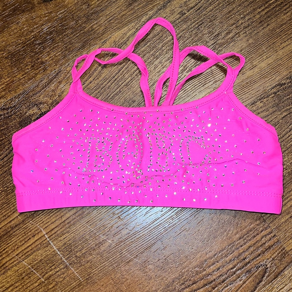 Girls Pink Rhinestone Silver Embellished Sports Bra Cheer Dance Size 8